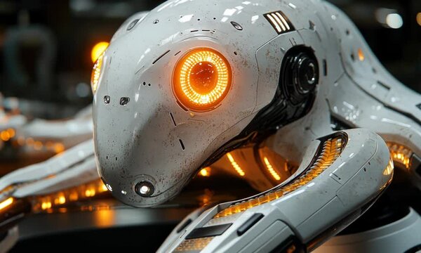 Futuristic, bioluminescent, robotic creature with glowing orange eyes and an industrial, sleek design.