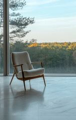 Fototapeta premium Stylish armchair by large window overlooking autumn landscape