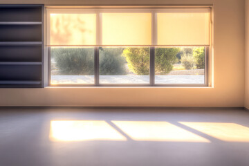 Fototapeta premium Sunlight streaming through a quiet room with a view of greenery in the late afternoon