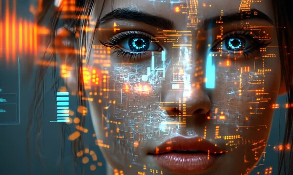 A close-up image of a woman's face integrated with digital circuitry, glowing brightly.