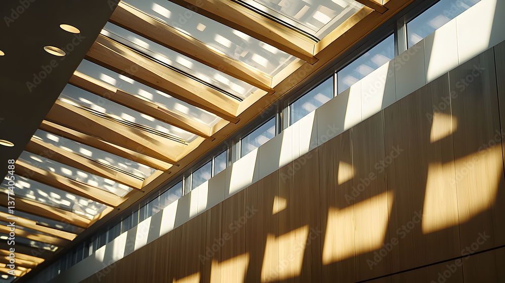 Poster ceiling lights casting patterns on clean surfaces modern architecture wallpaper bright environment i