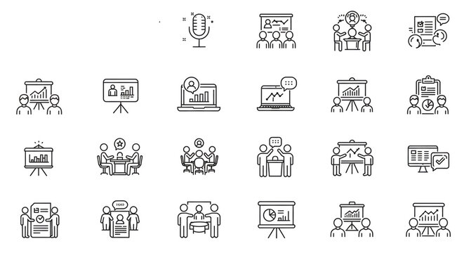 A dynamic collection of minimalist presentation and meeting icons showcasing effective teamwork, data analysis, and collaborative communication in a clean, simple line art style.