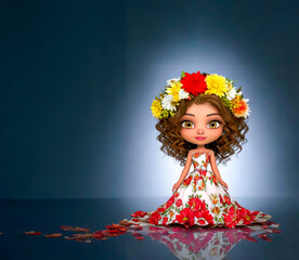 A doll of  young Girl with big eyes wearing red and white flowers dress .