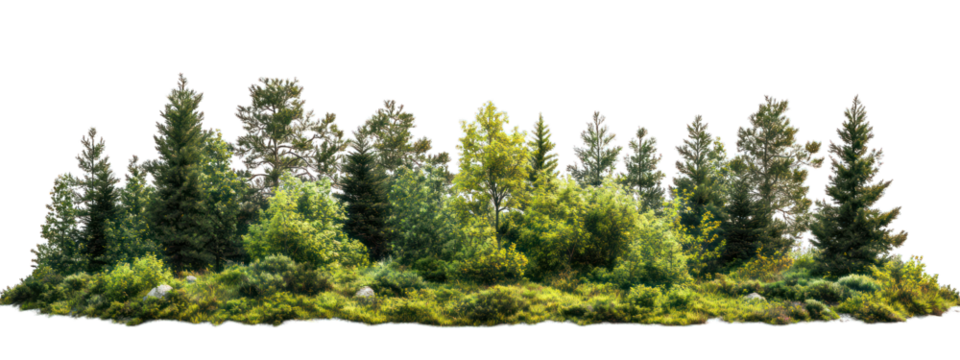 A realistic photograph of an entire forest isolated on a transparent background