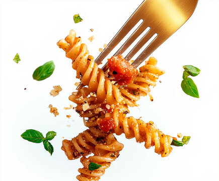  fusili all'Arrabbiata cheese and red tomato gravy (spicy tomato pasta) with veggies and tomatos, stuck at the top of a golden fork