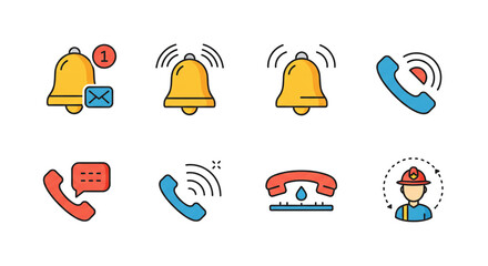 Vibrant notification icons: bells ringing, phones calling, urgent messages, and a firefighter, signaling alerts and important communication in a bold, colorful style.