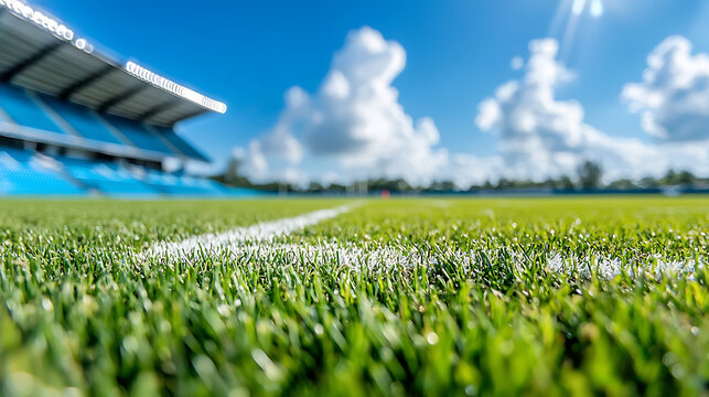Empty football stadium with perfectly manicured grass sunny day sports photography outdoor venue ground level capturing tranquility