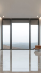 Modern interior space with large windows offering serene mountain views during cloudy weather