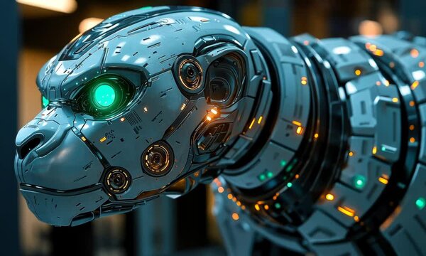 A futuristic robotic panther with glowing eyes and intricate mechanical details, a futuristic concept.