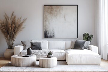 White Sofa with Gray Pillows and Round Coffee Tables in Bright Living Room with Decor