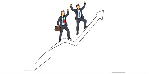 Two businessmen, dressed in formal suits, stand triumphantly atop a rising graph with their arms raised in celebration. Their confident posture symbolizes success, growth, and achievement.