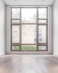 Fototapeta premium Modern interior space with large window and serene outdoor view in bright natural light