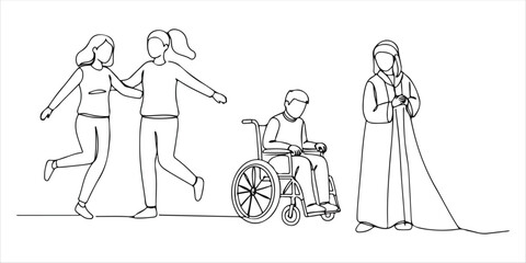 A diverse group of individuals comes together, representing different aspects of inclusivity, including LGBT identities, various physical disabilities, religious beliefs, and age groups