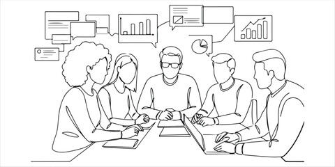 A group of individuals gathers around a table, actively exchanging ideas and engaging in a thoughtful discussion. Behind them, graphs provide valuable insights, guiding their conversation.
