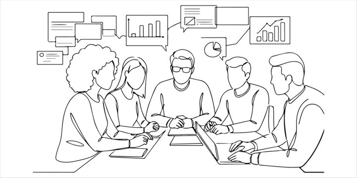 A group of individuals gathers around a table, actively exchanging ideas and engaging in a thoughtful discussion. Behind them, graphs provide valuable insights, guiding their conversation.