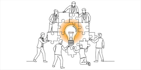 A group of professionals, dressed in business suits, collaboratively assembles a puzzle, each piece contributing to a larger vision. At the center, a glowing light bulb symbolizes innovation.