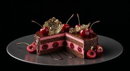 Black Forest Cake with cherries for food blogs, restaurant websites, dessert menu design, bakery advertising, and culinary photography portfolios