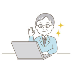 ミドル〜シニア世代、小ぎれいな男性のビジネスシーン、シンプルかわいい線タイプ（OK・白背景）
