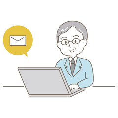 ミドル〜シニア世代、小ぎれいな男性のビジネスシーン、シンプルかわいい線タイプ（メール・白背景）
