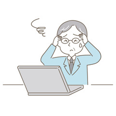 ミドル〜シニア世代、小ぎれいな男性のビジネスシーン、シンプルかわいい線タイプ（問題発生・白背景）
