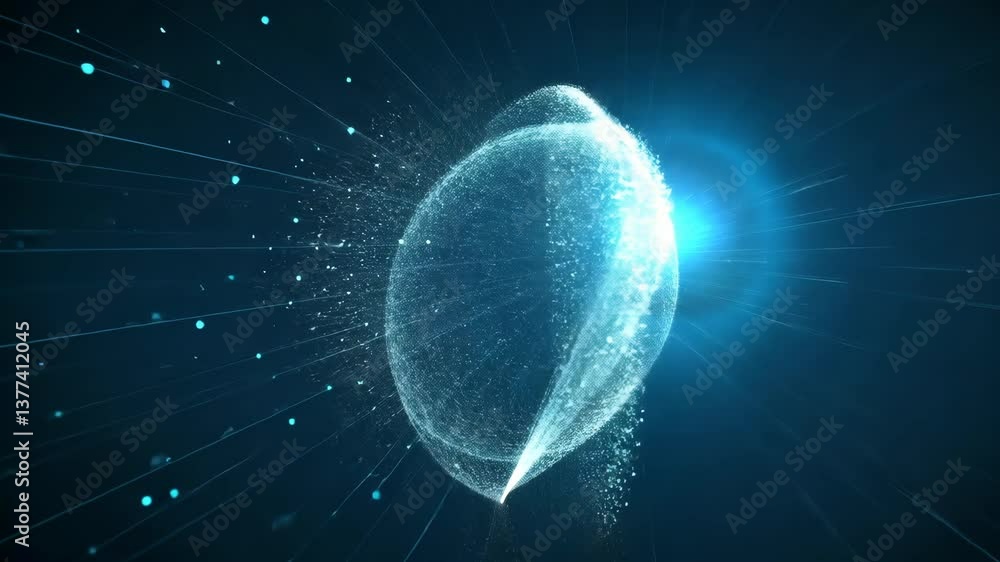 Poster visual representation of abstract digital sphere with dynamic particles and light effects in a dark 