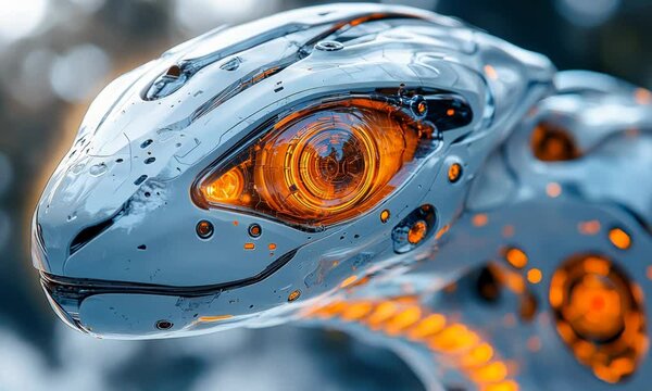 A close-up of a futuristic robotic serpentine creature with glowing, intricate orange eyes.