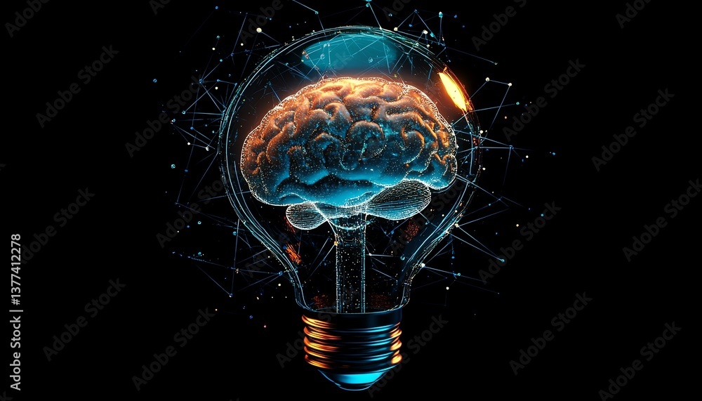 Poster a light bulb with a detailed brain inside, encircled by a web of dynamic lines and dots, representin