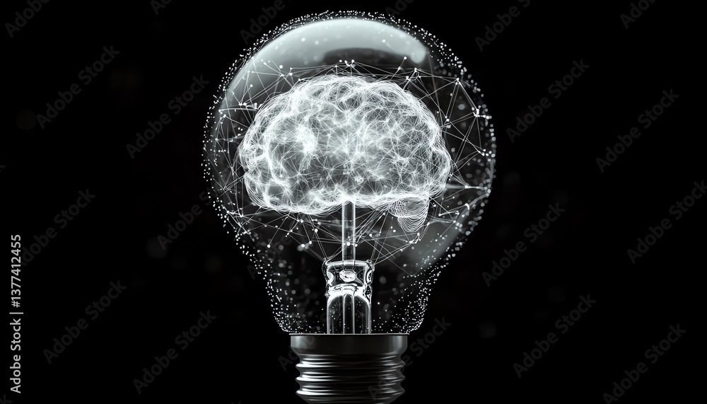 Poster a light bulb with a detailed brain inside, encircled by a web of dynamic lines and dots, representin