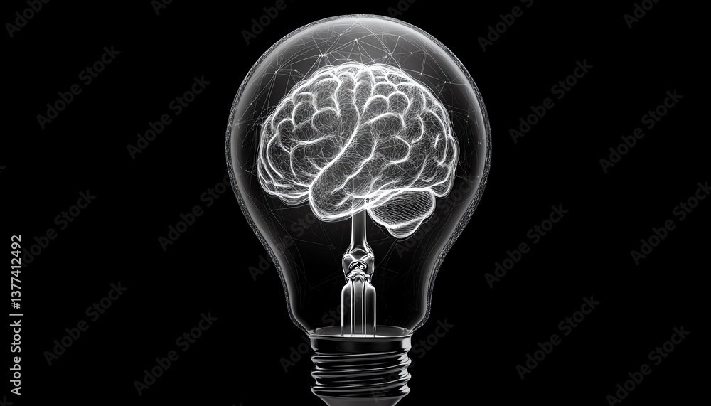 Poster a light bulb with a detailed brain inside, encircled by a web of dynamic lines and dots, representin