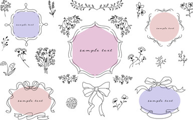 花、植物、ボタニカルでシンプルな飾り線のフレーム枠、リボン