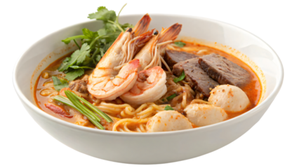 Delicious Spicy Tom Yum Noodle Soup with Shrimp Beef and Meatballs
