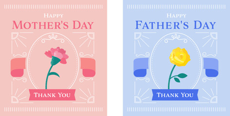 母の日、父の日、ロゴ、デザイン、カーネーション、黄色いばら、セット、あしらい