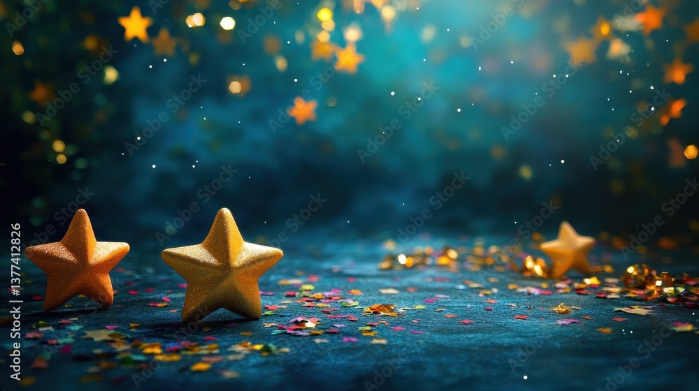 Poster a vibrant collection of decorative stars in various sizes and colors arranged on a rustic wooden tab