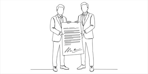 Two businessmen, dressed in formal suits, stand together holding a large signed contract. Their confident posture and firm grip on the document signify a successful agreement, reflecting trust.
