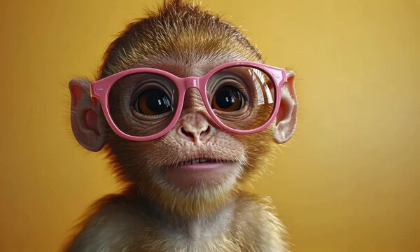 Adorable monkey portrait wearing pink glasses, showcasing intense eyes against a yellow background.