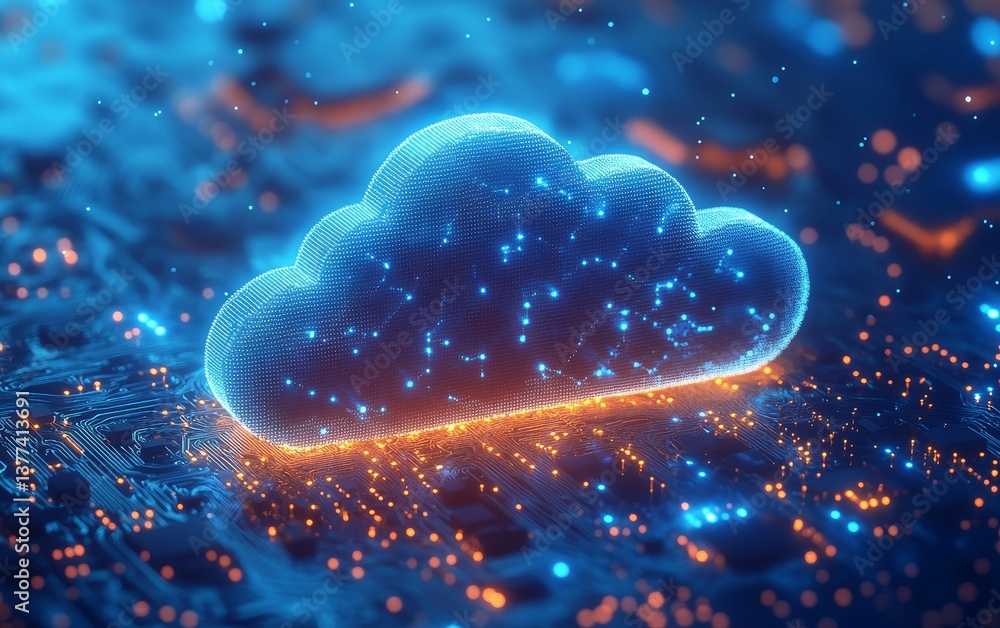 Poster digital cloud hologram on circuit board background with glowing lights
