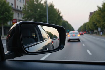 A Scenic Evening Drive: Captured Reflection of Urban Streets and Vehicles in Side Mirror of a Car in Motion During Golden Hour