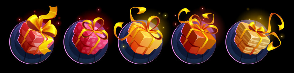 Game bonus boxes Present gift box money prize for lucky winner secret bonus in casino money or mobile lottery enter bonuses mystery surprise winning neoteric vector illustration
