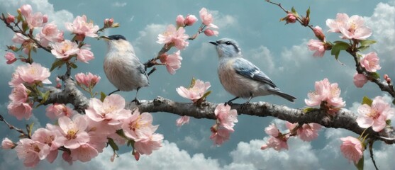 Bird on branch with pink cherry blossoms in traditional Japanese style with blue background and white clouds.
