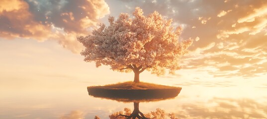 A divine tree standing alone on a floating island, its branches covered in luminescent blossoms under a celestial sky