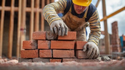 Construction Worker Building Brick Wall at Construction Site with Yellow Hard Hat and Striped Shirt, under Blue Sky.