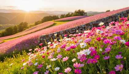 Fototapeta premium Vibrant cosmos flowers blooming in golden light, summer serenity