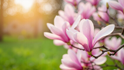 Fototapeta premium Elegant magnolia flowers blooming in residential garden, spring beauty