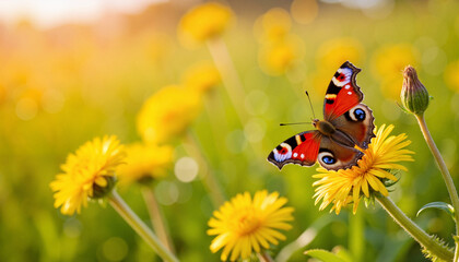 Colorful butterfly resting on dandelion in golden sunlight, nature's beauty