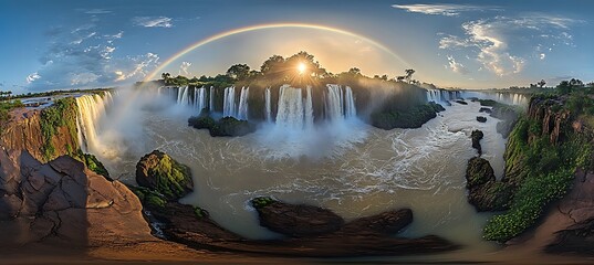 A double rainbow over a misty waterfall, captured in a dramatic wide-angle shot