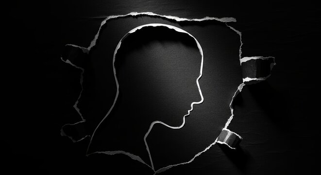 a cut out silhouette drawn on torn pieces of paperman head with the shadows behind it