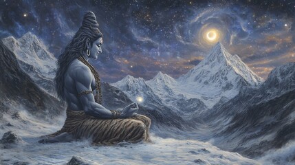 Hindu god shiva meditating in snowy mountains with cosmic sky background