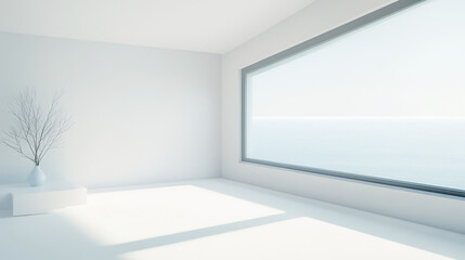 Bright and minimalistic interior with large window overlooking serene landscape