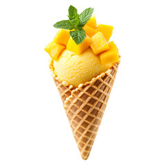 Mango ice cream cone with fresh mango cubes and mint leaves isolated on transparent background