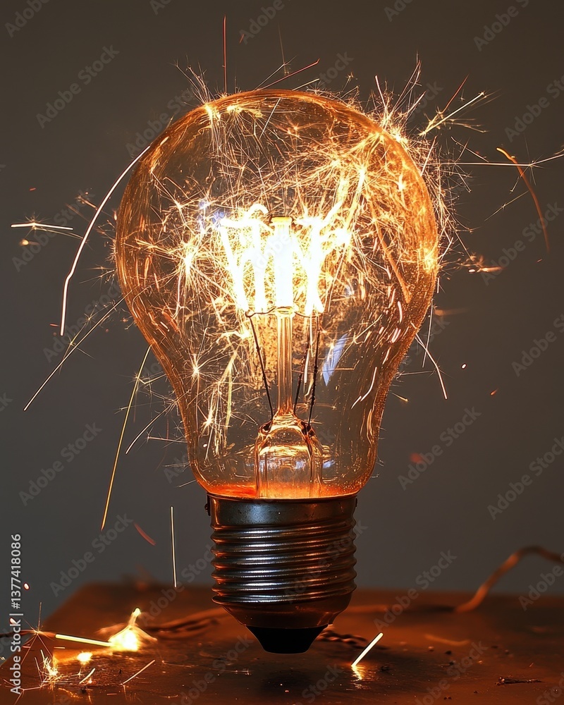 Poster a glowing light bulb emits a warm, golden light, with a small spark of fire flickering at its base, 